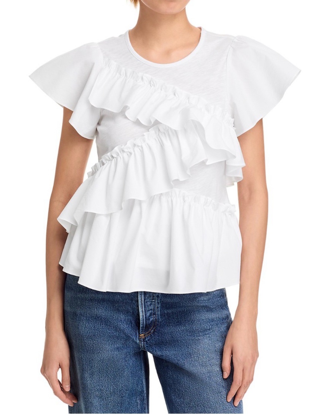 NEW WITH TAGS cinq a sept White Ruffle Detail Short Sleeve Top (XS)